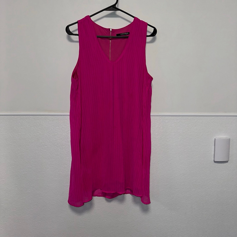 Women's CARAMELA Fuchsia Pleated Mini Dress Large? Measurements in photos